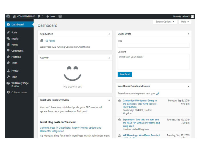 Dashboard following login screen wordpress